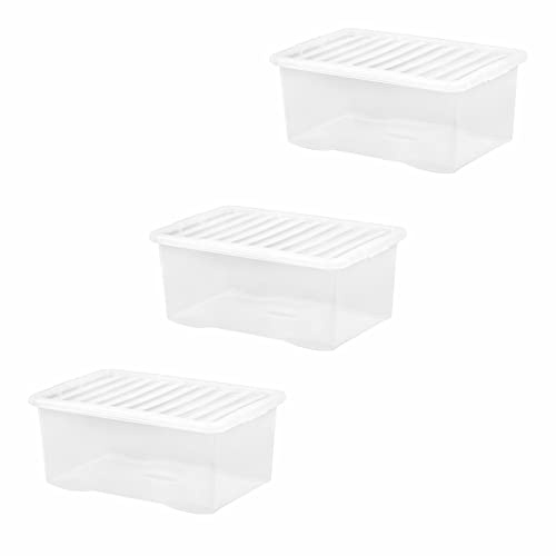 M1SS (Pack of 3) 45L Litre Clear Plastic Storage Box With Lids Home Office Stackable Nestable Container Made in U.K