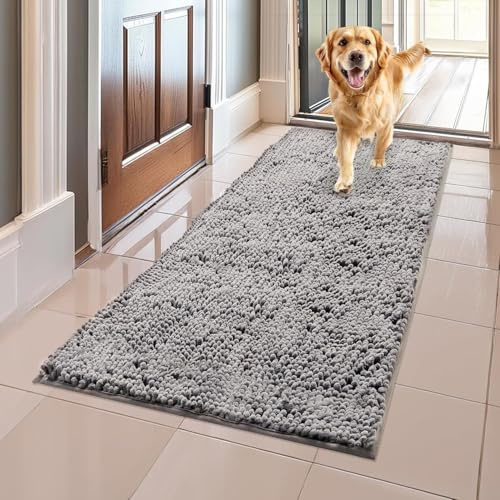 YOOTUKL Saugfähige Chenille Fußmatte für den, rutschfeste Badematte, schlammiger Hund, waschbare Matte, schnell trocknende 60x150cm Hellgrau