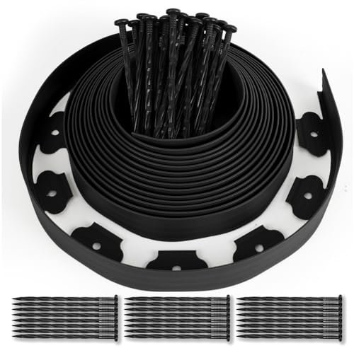 Bordure de Jardin en Plastique 10 Mètres avec 50 Piquets, d'ancrage Bordurette de Pelouse Flexible Bordure de Gazon Idée de Jardin Hauteur 50mm Paisseur 4mm, Noir