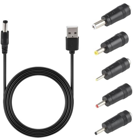 USB to DC Power Cable, DC 5V Charger Cable USB to DC 5.5 * 2.1mm Jack 5V Charging Cord with 5 Selectable Connector Tips 2.5x0.7mm, 3.5x1.35mm, 4.0x1.7mm, 5.5x2.5mm, 3.0x1.0mm Connectors