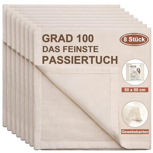eFond Passiertuch, 8 Stück 50x50cm Käsetuch, Cheesecloth Wiederverwendbar | Feingewebt Dichtegrad 100 abseihtuch Ungebleichte Reine Baumwolle mulltuch mit Sauber Umgeschlagene Saum, Seihtuch Waschbar