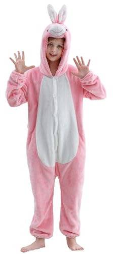 HAHASHOW Kinder Cosplay Jumpsuit, Unisex Pyjama Schlafanzug, Kinder Winter Flanell Strampler für Halloween Party, Jungen Mädchen 11-12Jahre, Kaninchen