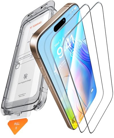 TORRAS Schutzfolie für iPhone 16 Pro Max für Panzerglas [TOP Bruchsicherheit] Folie 9H+ Glas Full Screen [Einfache Installation] Anti-Fingerabdruck, 2 Stück