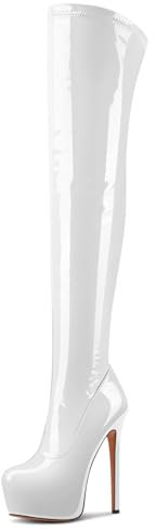 Aachcol Sopra il Ginocchio Spillo Stivali Piattaforma Stivali Alti Fino Alla Coscia Rotonda Punta Cerniera Sexy Dress Alto High Tacco Heel Stivali Bianco 39 EU