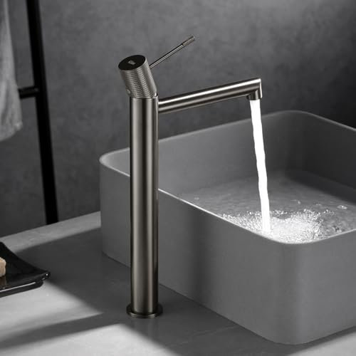 IMEX - Grifo Lavabo Caño Alto | Grifo Baño Mezclador Agua Fria y Caliente | Grifería Monomando Efeto Cascada con Caño de Latón y Ahorro de Agua | Serie Line | Color Níquel Cepillado