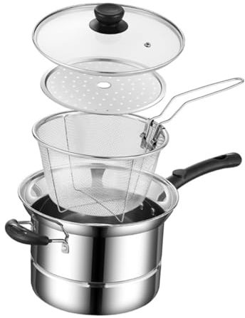 PRETYZOOM 1 Set Freidora de Acero Inoxidable Olla de Cocina Vaporera Olla Sopera Olla Olla Sopera Olla Freidora Sartenes para Gambas Freidora Pequeña Con Colador Papas Fritas Cesta