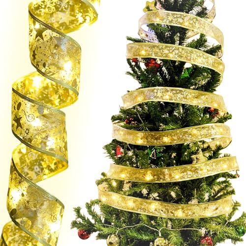WIYETY Lichterkette Weihnachtsbaum 5CM x 10M Weihnachtsband Lichter, Geschenkband Gold, Batteriebetriebene Weihnachtslichterkette für Indoor, Outdoor, Weihnachtsbaumschmuck, Hochzeit, Urlaubsdeko