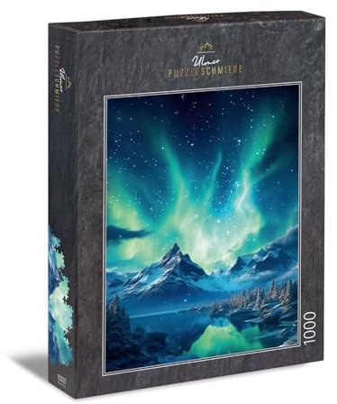 Ulmer Puzzleschmiede - Polarlicht-Puzzle Nordische Nacht - 1000 Teile Hochformat mit beeindruckenden Nordlichtern über einer fantastischen nordischen Landschaft - Made in Germany