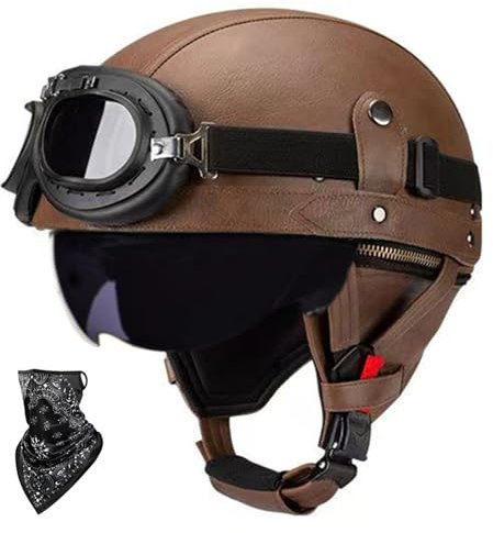 Beyswage DOT/ECE Zulassung Leder Halbschalenhelm, Retro Motorrad Halbhelm mit Brille, Schnellverschluss Schnalle, Erwachsene Halbschale Jet-Helm, Cruiser, Scooter Helm Vintage(55~62CM)