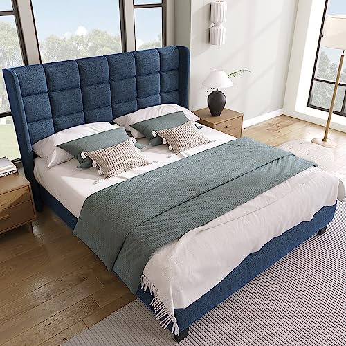 Arhatreya Polsterbett 140x200 cm, Doppelbett mit Kopfteil, Jugendbett Bettgestell mit Lattenrost, Bett für Jugendliche Erwachsene (Ohne Matratze) Blau Leinen