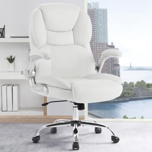 IWMH Executive Office Chair, Ergonomic Big and Tall Computer Desk Chair, High Back PU Leather Chair with Padded Flip-up Armrest, Lumbar Support Swivel Rolling Chairs (Cream)
