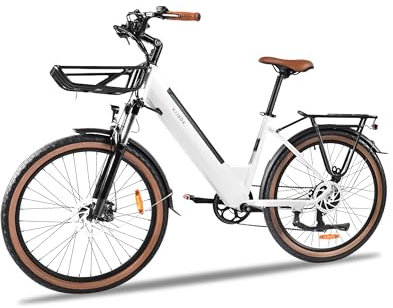 KAISDA E-Bike 26 Zoll Elektrofahrrad, E-Cityrad 250W Motor, 36V 16Ah Wechselakku, bis zu 100km, LCD-Display, 7 Speed Ebike for Adults E-CityBike,Weiß