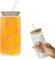 Durdiiy Élégant gobelet en verre de 500 ML avec couvercle et paille, rose arc verres à boire,Tasse à Boire en Verre,Bubble Tea Cup pour Café Glacé, Soda, Bière,Cadeau d'anniversaire