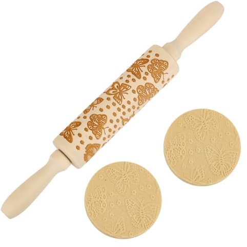 DELORIGIN Mattarello in legno con stampa a farfalla, lunghezza 34 cm, con motivo floreale, per cuocere biscotti, motivo 3D, utensili da cucina, biscotti, fondente