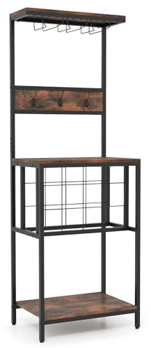 RELAX4LIFE 2 in 1 Scaffale Bar da Cucina/Portabottiglie da Terra a 3 Livelli con Portabicchieri, Supporto per Forno a Microonde, per Cantinetta Vino, Cucina, Sala da Pranzo, Marrone