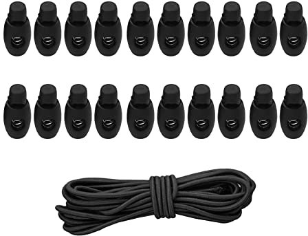 20 Pieces Plastic Cord Locks End Spring Loaded Slider + 3m Bungee Cord Style 3, Black