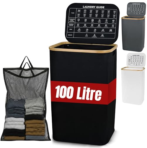 LKH HOME COLLECTION Laundry Basket with Lid 100L Clothes Hamper Storage Bin | 600D Polyester with Bamboo Handles, Inner Mesh Bag & Laundry Guide, Foldable 44x33x70cm for Bedroom & Bathroom