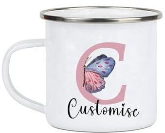 Celtty Tazza smaltata a forma di farfalla, personalizzabile con iniziale e nome, regalo di compleanno e Natale, per ragazze, amici, bambini, mamma, fidanzata (farfalla)