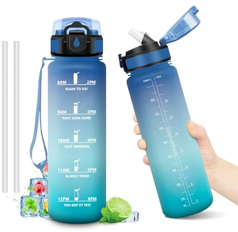 Sport Trinkflasche 1L, Kohlensäure Geeignet, Auslaufsichere Wasserflasche mit strohhalm, Motivierende Trinkflasche mit Zeitmarkierung, Sportflasche für Camping, Laufen, Erwachsener, Radfahren
