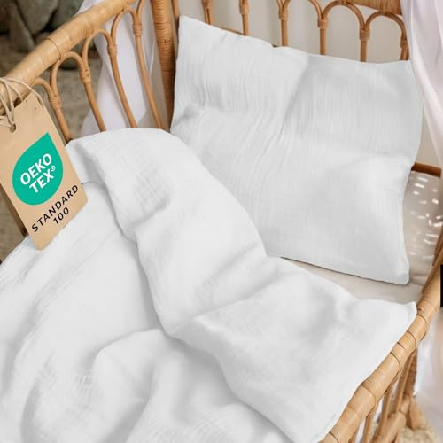 Dreamzie - Baby & Kinderbettwäsche Set 80x80 cm + Kissenbezug 35x40 cm | Musselin Bettwäsche aus 100% Baumwolle · Oeko-TEX Zertifiziert · atmungsaktiv & hautfreundlich · Weiß