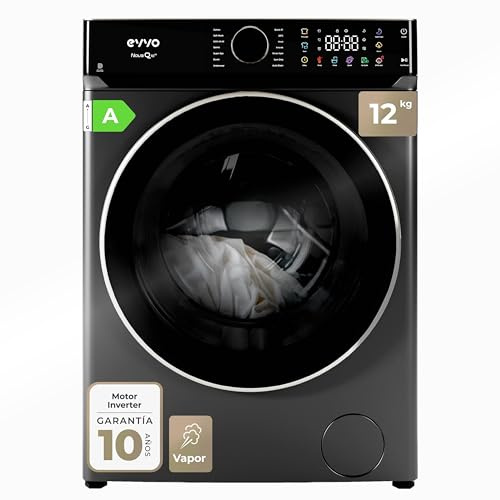 EVVO Lavadora Carga Frontal NOVA Q12X - Lavadora 12Kg, Motor Inverter eDRIVE, 1400 RPM, Efic. Energética A, Función Vapor, Tambor ePROTECT, Muy Silenciosa, Gran Pantalla Táctil, 14 Programas, Inox