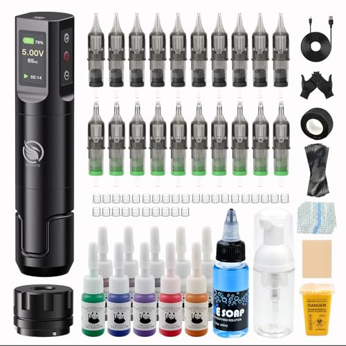 Drahtlose Maschine Set mit 1600mAh Batterie LCD Display 20 Nadel 10 Tinte | LIUMATE Kabellose Batterie Stift Rotation Maschine mit RCA Connector Komplettes Zubehör für Anfänger und Künstler