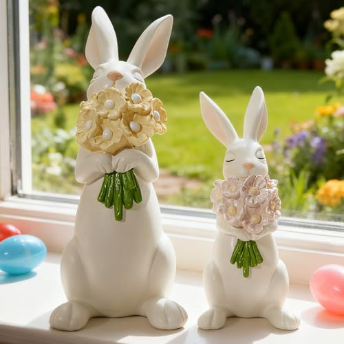 DN DECONATION Osterdeko Hasen Figuren Set, Cremeweiß Hasen mit Pastell Blumensträußen, Süße Frühlings Deko Zuhause Resin Statue 2er Set, Healing Geschenk für Schreibtisch Schlafzimmer Hochzeit