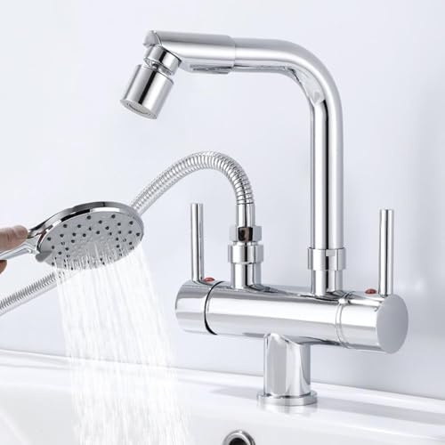 BiaoTeng Waschbeckenbrause Handbrause, mit Schlauch 4 Strahlarten 360° Drehbar Warm und Kalt Messing Waschtischarmatur mit Handbrause Bad Chrom