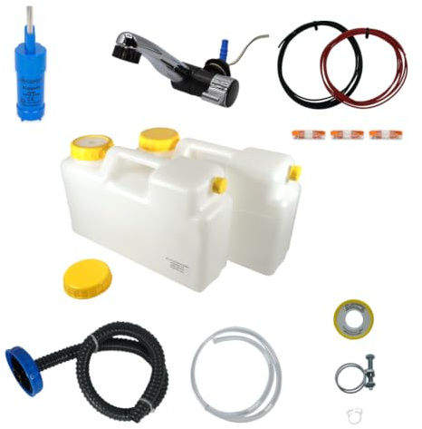 madelee Camping 2 x 12 L Wasserkanister mit Armatur, Wasserpumpe, Kabelsatz, Abwasserschlauch mit 25 mm Anschluss, für Campingküche, Vanküche/Food-Truck-Ausbau