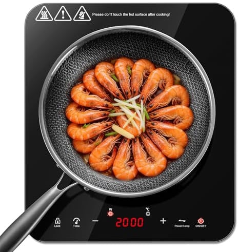 KICHPOWER Plaque Induction 1 feu 2000W, Plaque de cuisson electrique Portable, Tables de cuisson Induction, 10 Niveaux de Puissance et de Température, Commande Tactile, Verrouillage de Sécurité Enfant