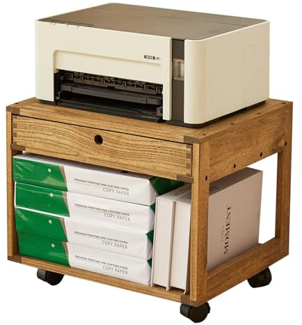 KIRIGEN Solid Wood Printer Stand with a Drawer, 2 Tier Printer Table fit Fax Scanner/3D Printer, Wooden Multi-Functional Storage Organizer on Wheels for Home and Office(DYJJ-DBR)
