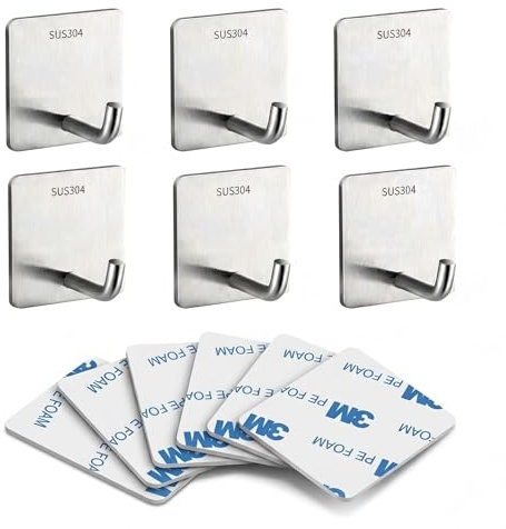 XAQAMY 6er Set Handtuchhaken Selbstklebend mit 3M Kleber - 1,8mm Extra Stark SUS304 Edelstahl Wandhaken ohne Bohren - Badhaken Silber Gebürstet Rostfrei für Bad & Küche