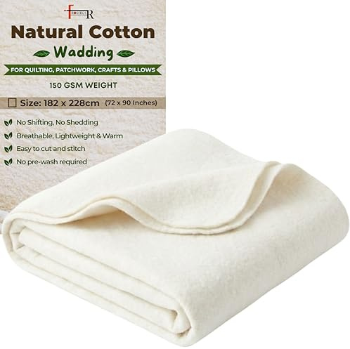 FROSHKAR Natural Cotton Wadding for Quilting, Sewing, Crafting & DIY, 150 g/m² Lightweight Low-Loft Cotton Batting, Soft, All Season Quilt Wadding, 182 x 228cm (72 x 90)