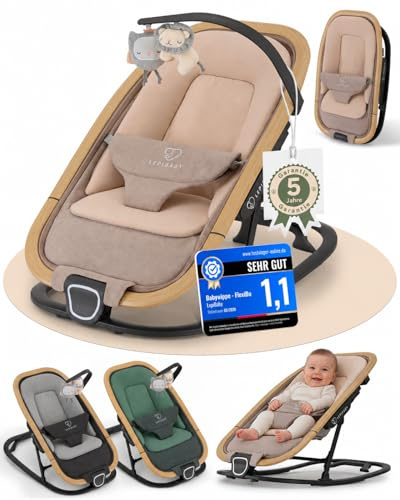 LepiBaby Babywippe Neugeborene, 0 bis 12 Monate, Baby Wippe, Baby Bouncer | Faltbarer Baby Rocker, Babyschaukel mit Spielbogen, Verstellbare Babywiege, Baby Schaukel leicht waschbar, FlexiBu Beige