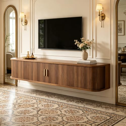 Meuble TV bas mural 175 x 30 x 30 cm avec LED et portes coulissantes (noyer)