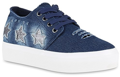 stiefelparadies Damen Plateau Sneaker Prints Plateau 90s Look Sneakers Stoff Schnürer Prints Blumen Lack Schuhe 137563 Dunkelblau Carlton 40 Flandell