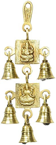 Indian Accent Brass Hanging Bell Hindu God Ganesha and Goddess Laxmi Ji Statue (5 Hanging Bell)