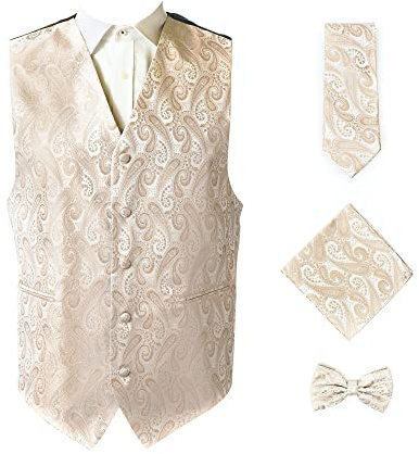 Oliver George Herren 4-teiliges Paisleymuster Weste Smoking Kleid Weste Krawatte Fliege Taschentuch Set für Anzug oder Smoking, Beige, Large