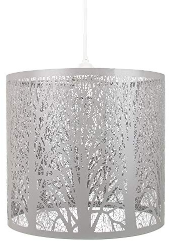 Unique and Beautiful Soft Grey Metal Forest Design Ceiling Pendant Shade When Lit the Light Escapes Through the Gaps and Casts the Forest Against the Walls and Ceiling by Happy Homewares