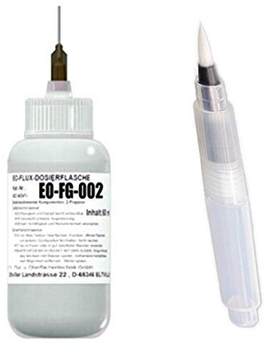 EO-Flux-Dosierflasche EO-FG-002 + EO-Compact-Flux-Pen (3 ml, unbefüllt) (No-Clean Flux-Gel, Hochleistungsflux für die Elektronikfertigung), Luer-Lock Flasche, 50 ml Inhalt, Dosiernadel aus Teflon