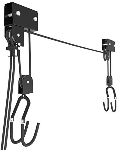 RAWBOND Fahrradlift mit Flaschenzug - Universal Seilzugaufhänger Fahrrad bis 57 kg - Praktische E-Bike Aufhängung Garage - Deckenaufzug Fahrrad mit Notfallbremsmechanik - Schwarz