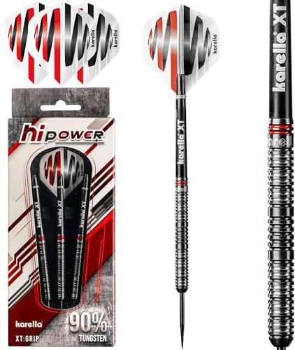 Karella HiPower 90% Tungsten Steeldart, 22g, für Klassische Dartscheibe, 3 Dartpfeile mit Metallspitze, Dartboard, Wolfram, Profidart mit Flight und Shaft