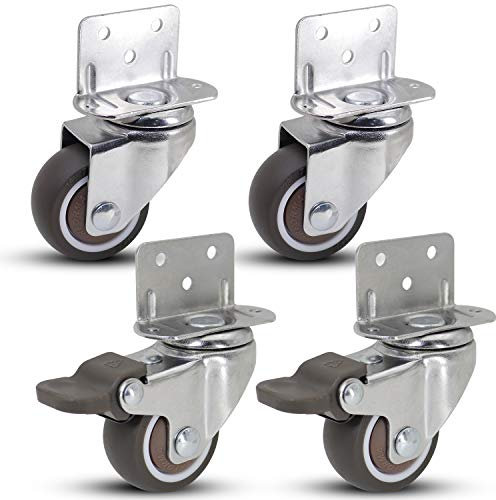 Casoter 38 mm L-förmige Lenkrollen-Kombi-Set – 2 Drehgelenke und 2 mit Bremse, TPE-Gummirad, Metallgehäuse, Lenkrolle, L-Clip seitliche Montageplatte für Möbel, 4 Stück, Gesamtbelastbarkeit 71 kg