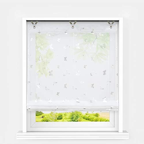 Heichkell Raffrollo mit Ösen Voile Moderne Raffgardine ohne Bohren Kleinfenster Gardine Küche Glänzende Schmetterling-Dekomuster Weiß BxH 120x130 cm