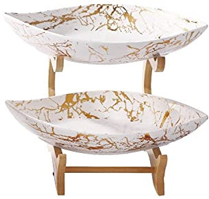 Zellerfeld Trendmax Ensemble de bols avec structure en bambou et planche en porcelaine Blanc/doré