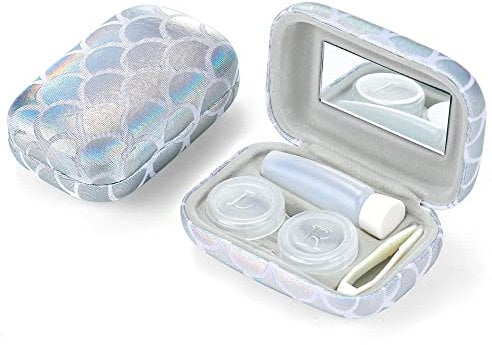 Muf Fish Scale Contact Lens Case,Portable Contact Lens Travel Kit with Mirror,Container,Tweezer,Contact Lens Solution Bottle,Compact Soak Storage Kit for Travel Outdoors Daily Use,Silver Sparkles