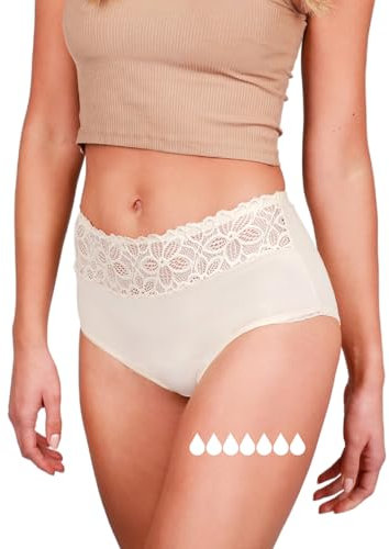 Taynie Deluxe Ultra Perioden Unterwäsche Starke Blutung - auslaufsichere&atmungsaktive Menstruationsunterwäsche - ersetzt 6-7 Tampons, Periodenslip Tragedauer bis 12Std, waschbar 60°C (40,Beige)