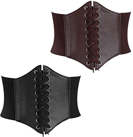 Berkelen Corset pour Femme 2 Pièces Élastique Large de 12 cm Rétro Cuir à Lacets pour les Fêtes D'halloween Vêtements Noir et Marron