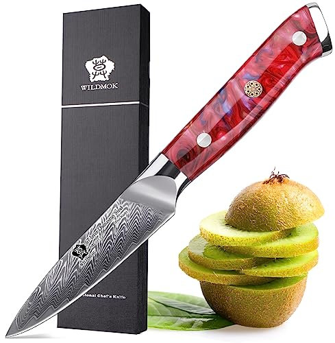 WILDMOK Couteau de chef, couteau utilitaire à fruits tranchant de 9 cm japonais VG10 Super Steel 67 couches en acier de Damas pour découper et éplucher Coffret cadeau de luxe avec
