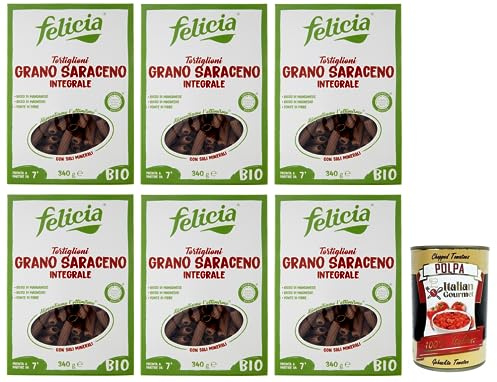 Italian Gourmet Tortiglioni Pasta grano saraceno integrale Bio 6 x 340g | Natürlich glutenfrei, 100% Buchweizen aus biologischer Landwirtschaft, Gesamtnettogewicht 2,04 kg + Kostenlos Polpa 400g